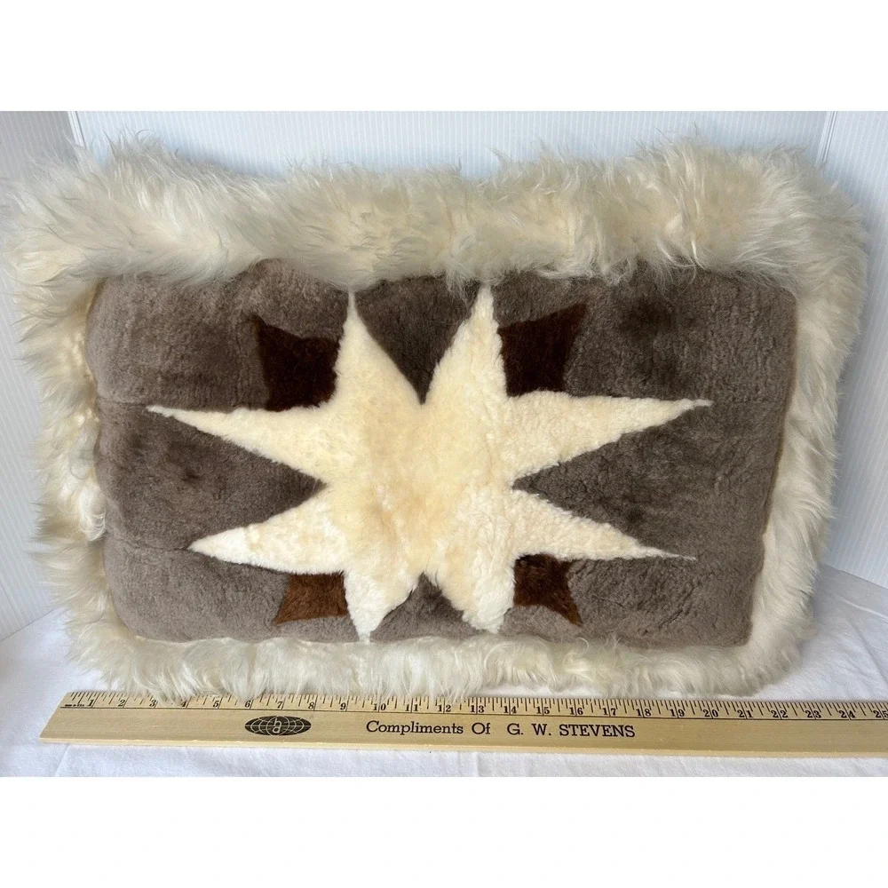 Unique Sheepskin Pillow Star Design Rustic Farmhouse Accent Decor